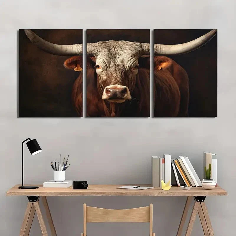 3pcs Texas Longhorn Cattle In A Portrait Style Metal Print Ready to Hang Art
