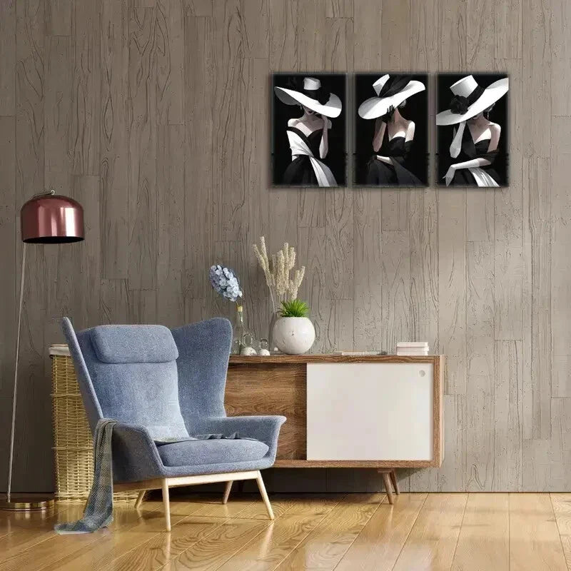 3pcs Black and White Woman with Hat Abstract Metal Print Ready to Hang Art