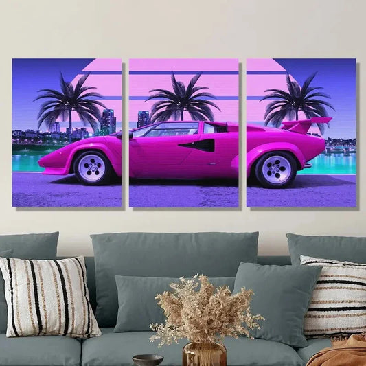 3pcs Vibrant Pink Sports Car with Palm Trees Metal Print Ready to Hang Art Metal Print Ready to Hang Art