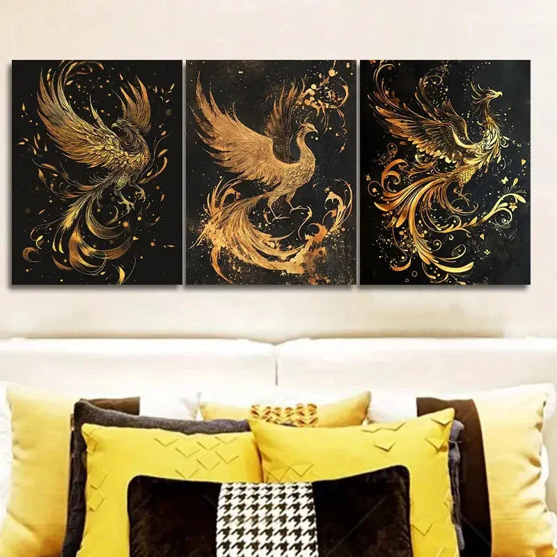 3pcs The black and gold phoenix Metal Print Ready to Hang Art