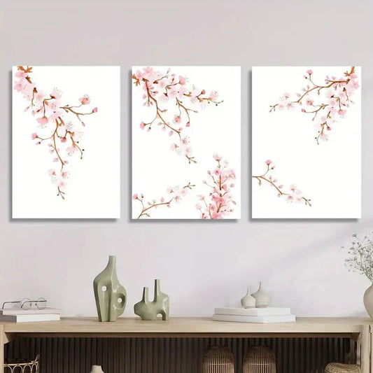 3pcs Vibrant Sakura Watercolor Branches Metal Print Ready to Hang Art