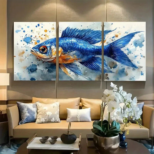 3pcs Striking Blue Angel Fish Watercolor Metal Print Ready to Hang Art