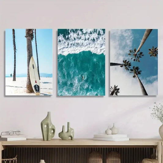 3pcs Surfing Seaside Palm Trees Metal Print Ready to Hang Art