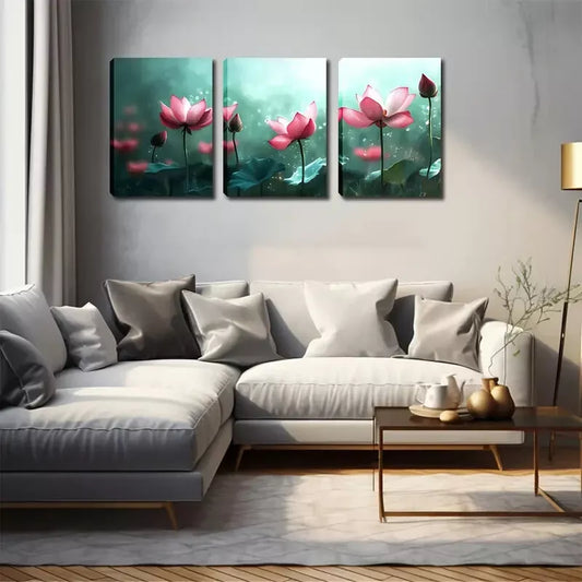3pcs Pink Blooming for Lotus Wall Art Set Canvas Framed 40x60cm - High Quality Print 100% Australian Made Wall Canvas Ready to Hang