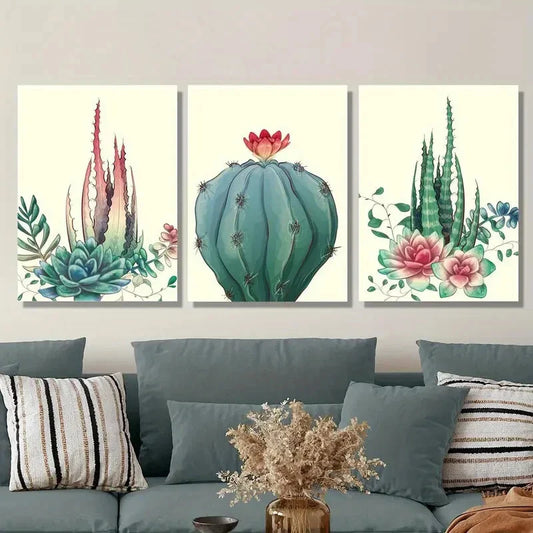 3pcs Floral Design with Aloe Vera, Prickly Pear Metal Print Ready to Hang Art