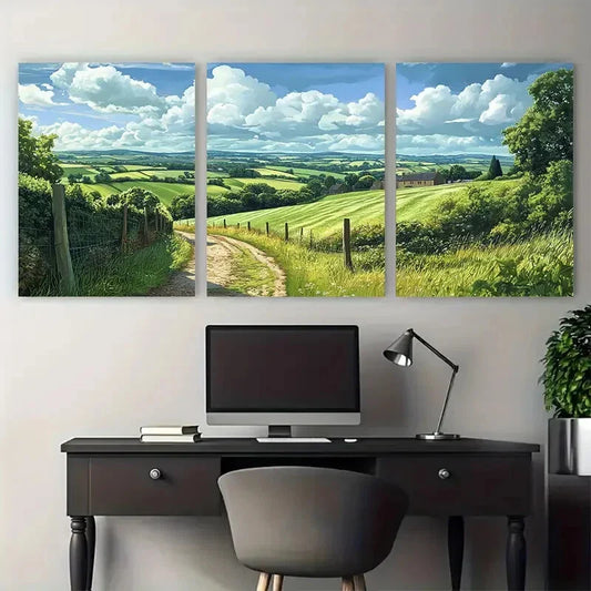 3pcs English Countryside Landscape with Rolling Metal Print Ready to Hang Art