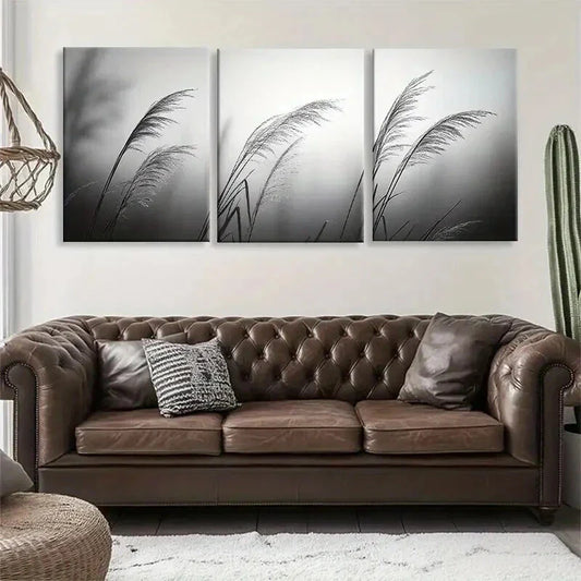 3pcs Minimalist Black and White Grass Perfect Wall Art Set Canvas Framed 40x60cm - High Quality Print 100% Australian Made Wall Canvas Ready to Hang