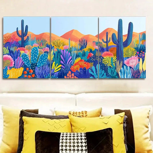 3pcs Colorful Cactus & Floral Garden Scene Wall Art Set Canvas Framed 40x60cm - High Quality Print 100% Australian Made Wall Canvas Ready to Hang
