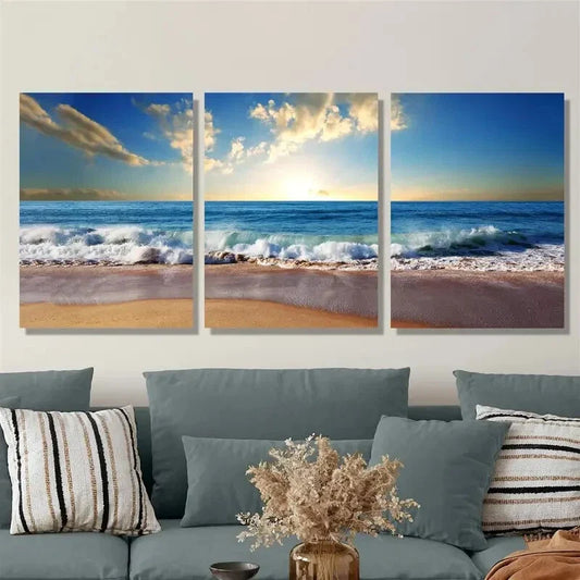 3pcs blue sea, warm sky, Metal Print Ready to Hang Art