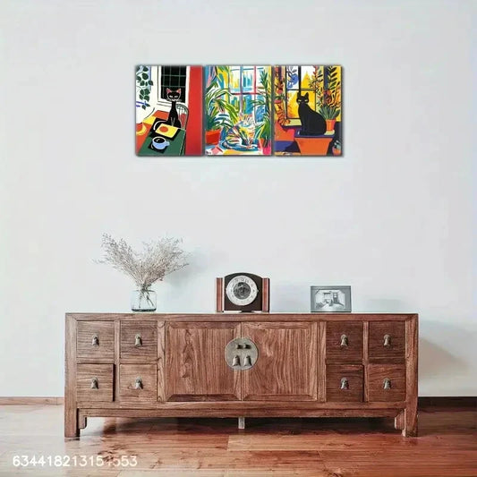 3pcs Vibrant Cat and Plant Canvas Wall Art Metal Print Ready to Hang Art