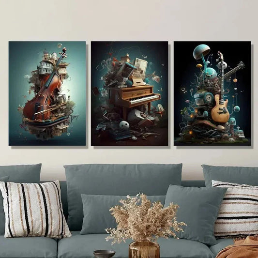3pcs Vibrant Whimsical Abstract Music-Themed Metal Print Ready to Hang Art