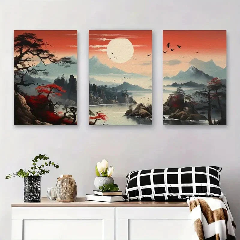 3pcs Mountain Landscape Traditional Asian Metal Print Ready to Hang Art