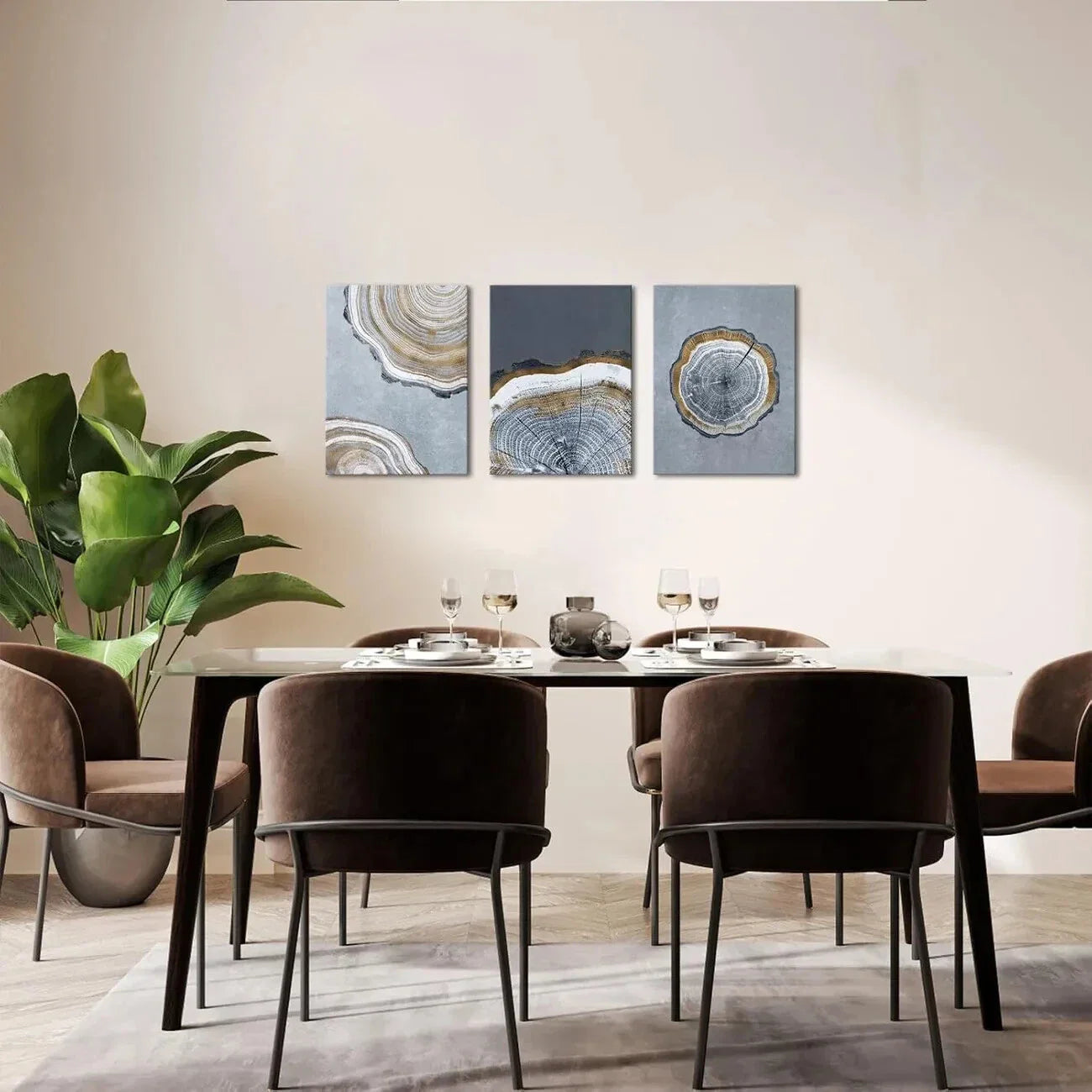 3pcs Tree Ring Wilderness Golden Blue Metal Print Ready to Hang Art