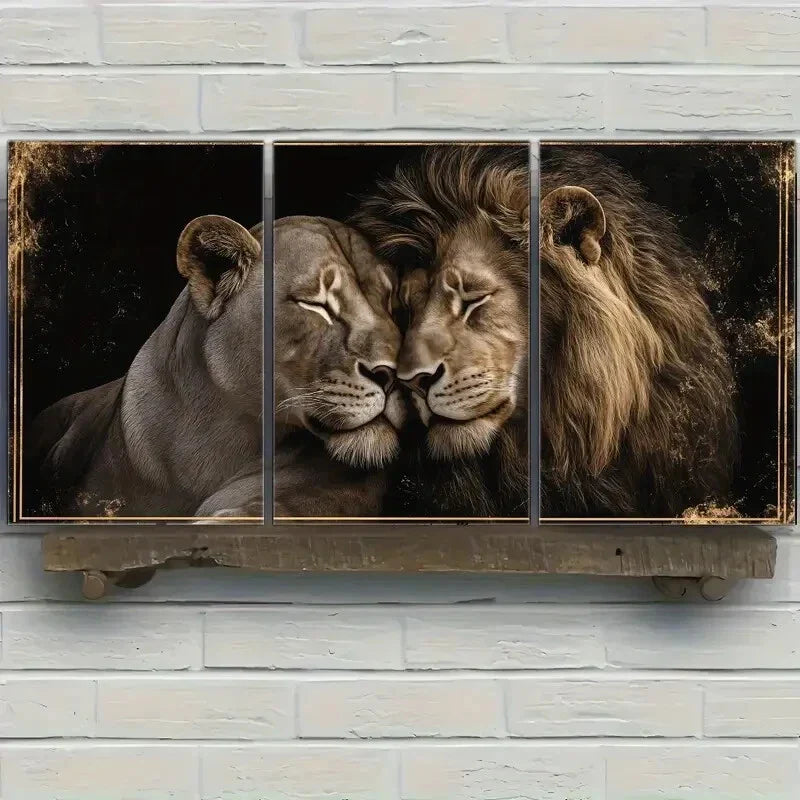 3pcs Modern Love Lion Couple Print Romantic Mural Metal Print Ready to Hang Art