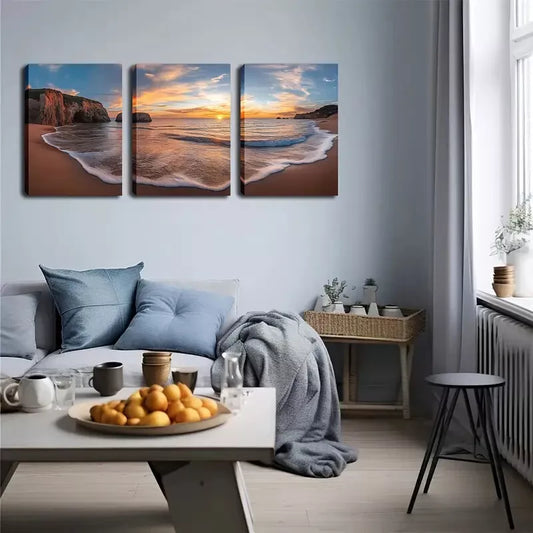3pcs Stunning White Waves, Sea Level Sunset Wall Art Set Canvas Framed 40x60cm - High Quality Print 100% Australian Made Wall Canvas Ready to Hang