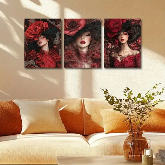 3pcs Sexy woman with Red Floral Metal Print Ready to Hang Art