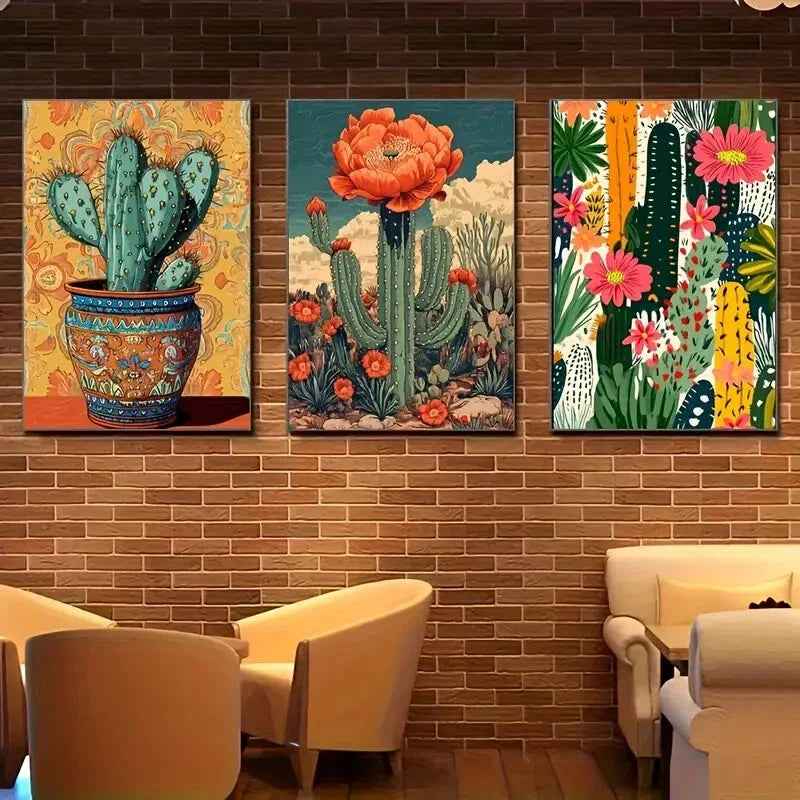 3pcs Vintage Mexican Cactus and Flower Metal Print Ready to Hang Art