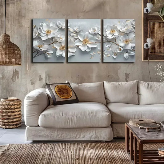3pcs Beautiful Blooming White Flowers Wall Art Set Canvas Framed 40x60cm - High Quality Print 100% Australian Made Wall Canvas Ready to Hang