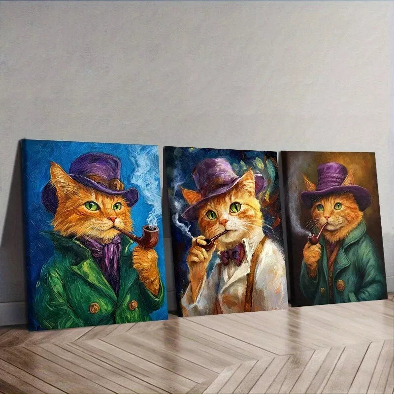 3pcs Featuring A Cat With A Pipe Orange Cat Wall Art Set Canvas Framed 40x60cm - High Quality Print 100% Australian Made Wall Canvas Ready to Hang