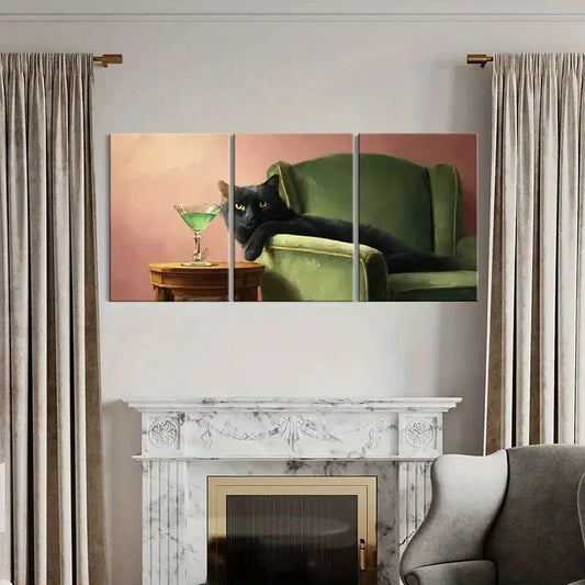 3pcs Black Cat Green Cocktail & Vintage Sofa Metal Print Ready to Hang Art