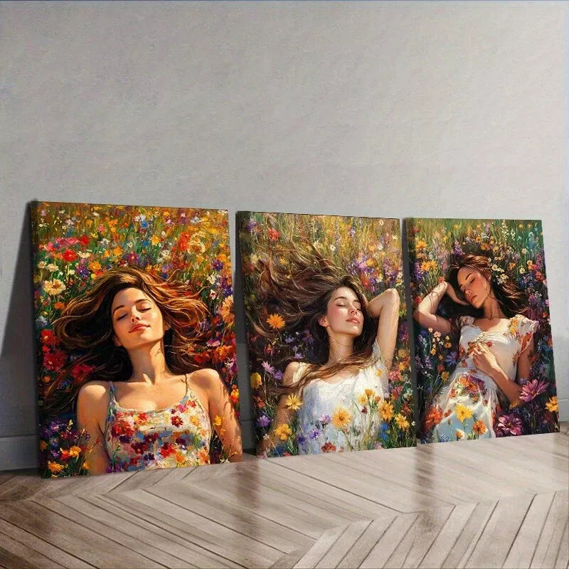 3pcs A Woman Surrounded By Vibrant Flowers Wall Art Set Canvas Framed 40x60cm - High Quality Print 100% Australian Made Wall Canvas Ready to Hang