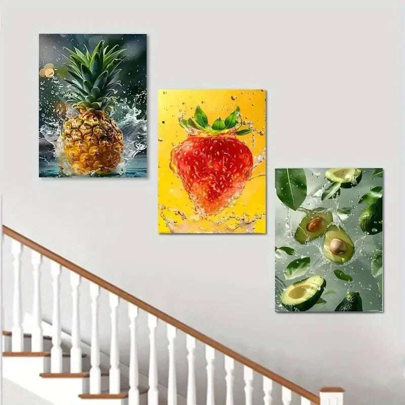 3pcs Vibrant Fruits with Water Droplet Metal Print Ready to Hang Art