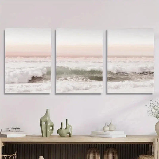 3pcs Pink Coast Sunset, Ocean Scenery, Metal Print Ready to Hang Art