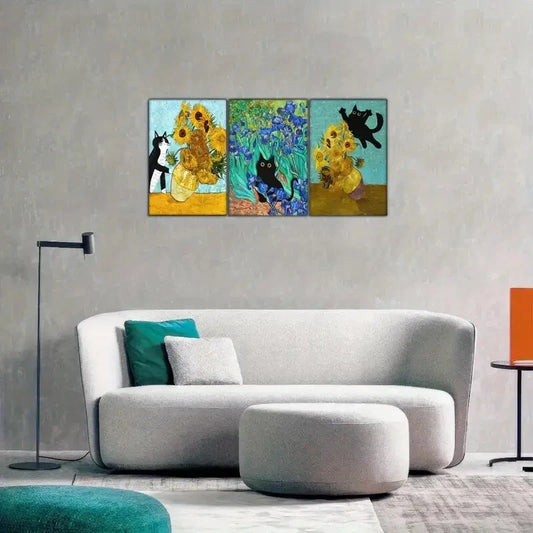 3pcs Kitten and Sunflower Famous Oil Painting Metal Print Ready to Hang Art