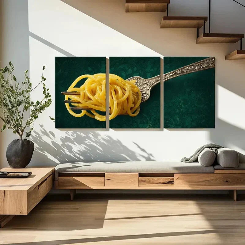 3pcs Elegant Fork with Pasta Intricate Design Metal Print Ready to Hang Art