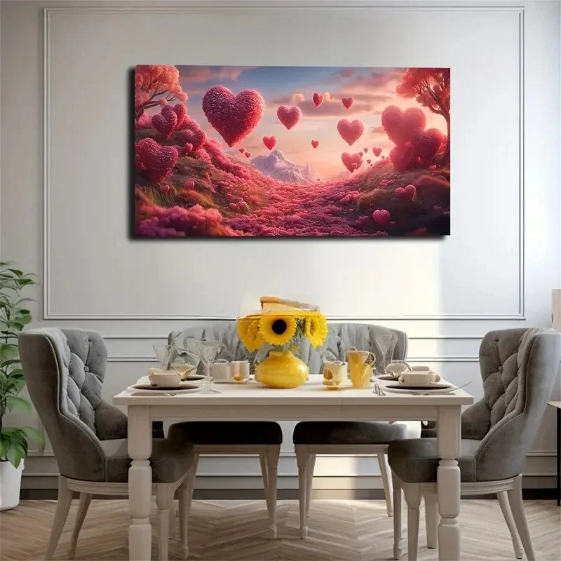 Romantic Red Hearts Landscape Wall Art Canvas Office Home Room Framed 120x60cm