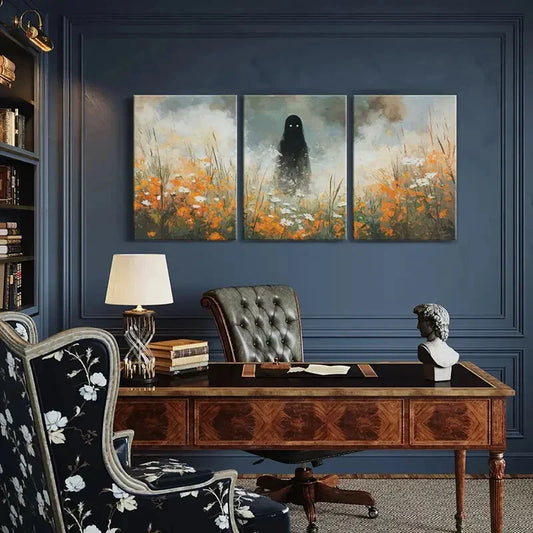 3pcs Mysterious Figure Floral Field Ethereal Metal Print Ready to Hang Art