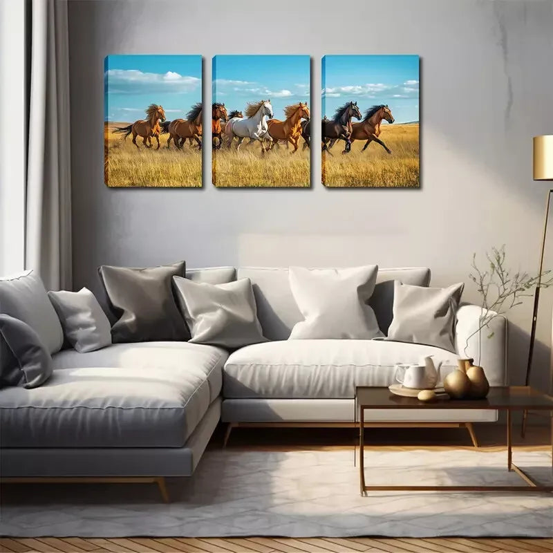 3pcs Panel Running Horses Wall Art Set Canvas Framed 40x60cm - High Quality Print 100% Australian Made Wall Canvas Ready to Hang