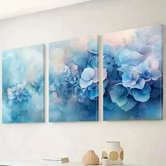 3pcs Blue Hydrangeas Summer Flowers Painting Wall Art Set Canvas Framed 40x60cm - High Quality Print 100% Australian Made Wall Canvas Ready to Hang