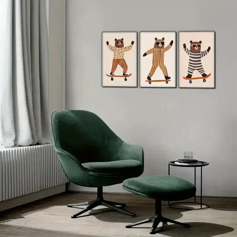 3pcs Fun Bear Mural Animal Portrait Art Poster Metal Print Ready to Hang Art