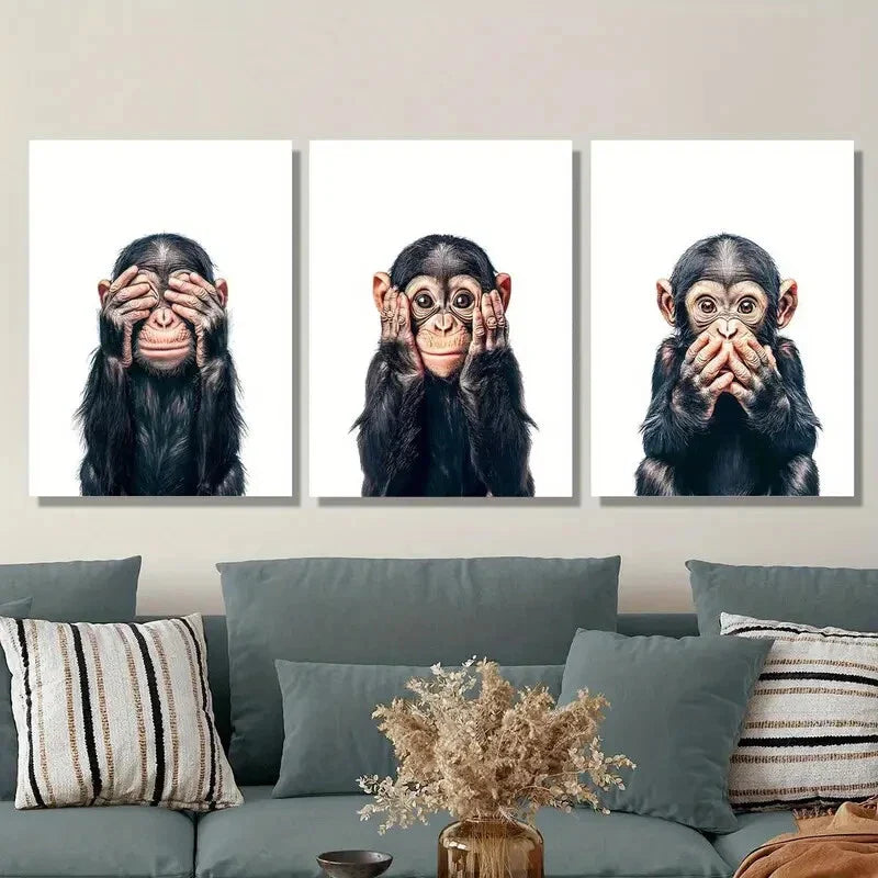 3pcs Playful Monkey Expressions Metal Print Ready to Hang Art