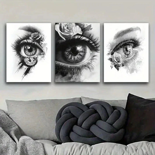 3pcs The clock in the eye Art Painting Metal Print Ready to Hang Art