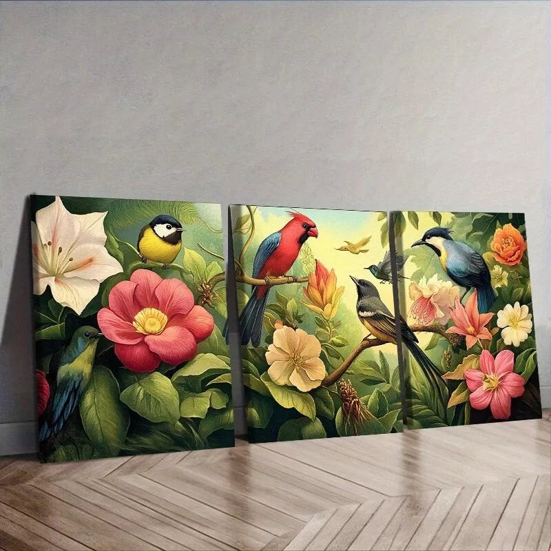 3pcs Birds And Flowers Floral Wall Art Set Canvas Framed 40x60cm - High Quality Print 100% Australian Made Wall Canvas Ready to Hang