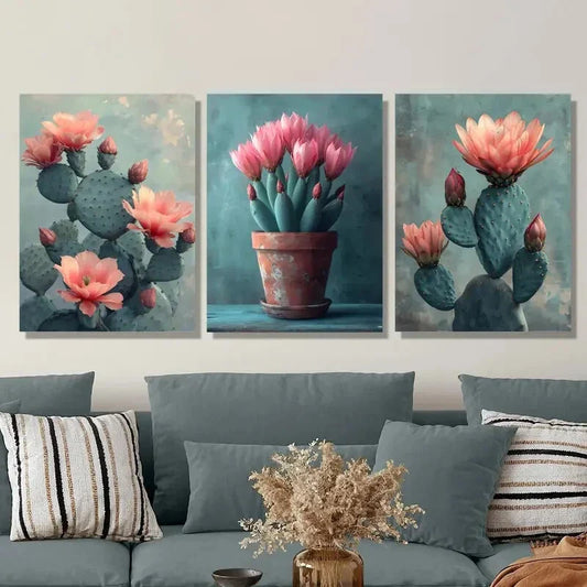 3pcs cactus flowers, potted desert plants, Metal Print Ready to Hang Art