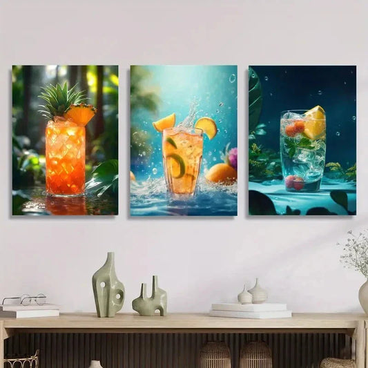 3pcs Vibrant Summer Drink Artwork, Fashionable Metal Print Ready to Hang Art