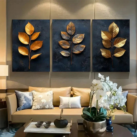 3pcs Abstract Golden and Black Leaves Design Metal Print Ready to Hang Art
