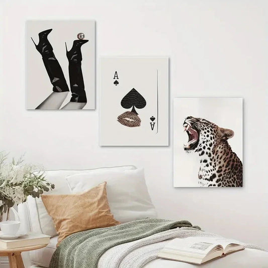 3pcs Modern leopard Ace of Spades Lucky Girl Metal Print Ready to Hang Art