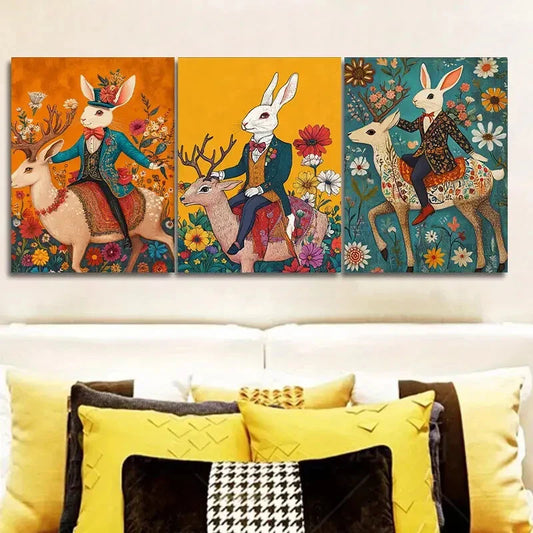 3pcs Mr. Rabbit, Floral Background Wall Art Set Canvas Framed 40x60cm - High Quality Print 100% Australian Made Wall Canvas Ready to Hang