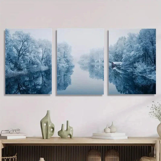 3pcs Winter, Natural River Surrounded by Mist, Metal Print Ready to Hang Art