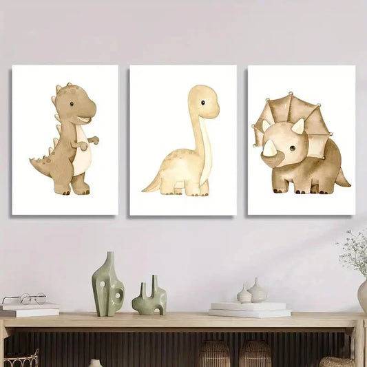 3pcs Dinosaur Cartoon Animal Themed Metal Print Ready to Hang Art