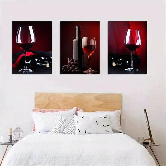 3pcs Grape Wine Bottle and Cup Metal Print Ready to Hang Art