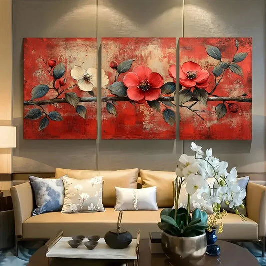 3pcs Rustic Red Botanical with Green Leaves Metal Print Ready to Hang Art