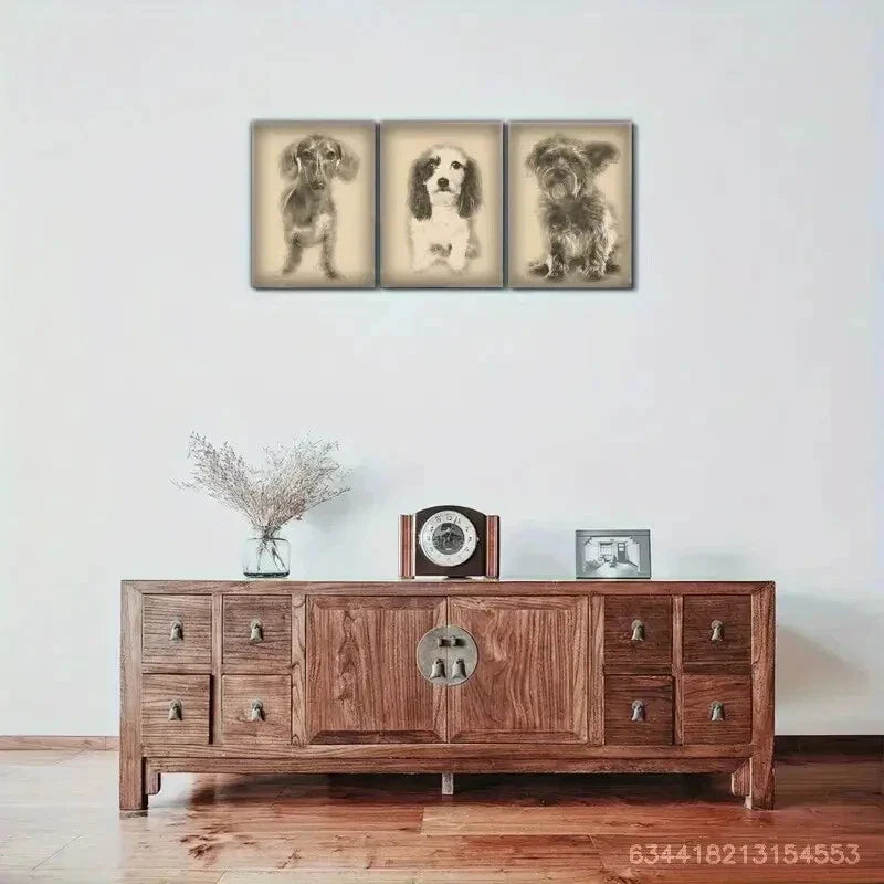 3pcs Vintage Dog Sketches Art Ensemble Metal Print Ready to Hang Art