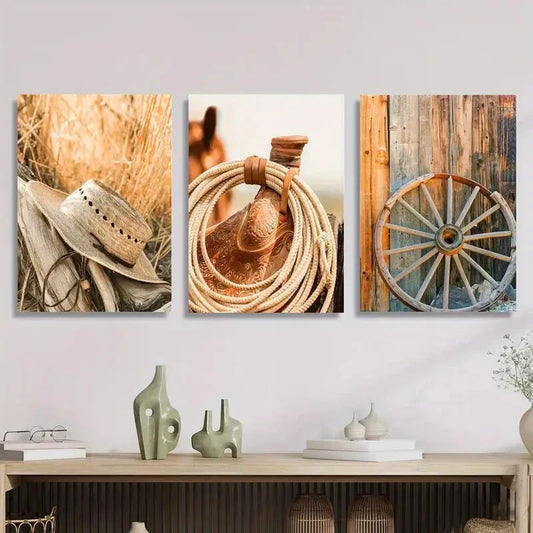 3pcs cowboy hats and horse ropes, Metal Print Ready to Hang Art