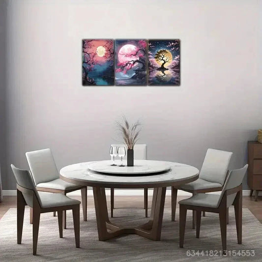 3pcs Vintage Plum Blossom and Sun Decoration Metal Print Ready to Hang Art