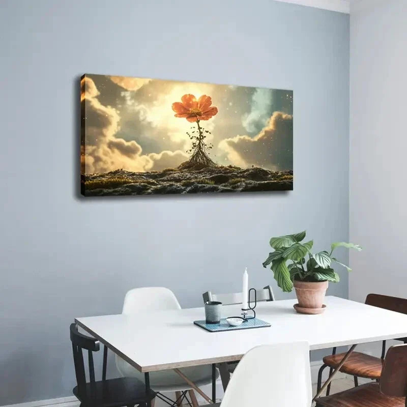 Orange Flower Growing from Rock Wall Art Canvas Office Home Room Framed 120x60cm